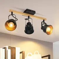 ZMH Deckenstrahler 3 Flammig Schwarz Deckenlampe Vintage Schwenkbar 350° MAX.25W E14 Fassung Industrial Holzmaserung Spotbalken für Wohnzimmer Schlafzimmer Büro (ohne Leuchtmittel)