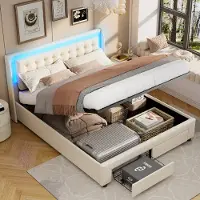 Moonbite Erwachsenenbett mit Lattenrost 180 x 200 cm, mit LED-Beleuchtung und Stauraum, mit Samt-Kopfteil, beige