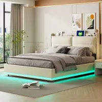 Moonbite Polsterbett 140x200 cm mit Lattenrost, gepolstert, USB und Type-C, Stauraum, Beige, modernes Design, ideal für Schlafzimmer, funktional und bequem