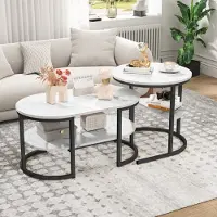 ProximaX 2er Set Kaffeetisch, Kombinierbarer Couchtisch mit Kunstmarmorplatte und zusätzlicher Ablagefläche, kleiner runder Beistelltisch und elliptischer Sofatisch für Wohnzimmer
