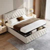 Moonbite 160x200 cm großes Stauraumbett, gepolstertes Bett mit Lattenrost, geschwungenem Kopfteil, Nietendesign, Samt, beige