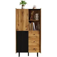 LVHOM Highboard mit Schubladen und Türen, Bücherschrank Hochkommode mit offene Regale, Hochschrank Bücherregal Standvitrine, Eiche/Schwarz