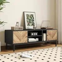 LVHOM Fernsehtisch 150cm mit Türen und offenen Fächer, TV-Board Eiche-Altholzoptik, Lowboard TV-Schrank mit Metallsockel, TV Ständer, Schwarz
