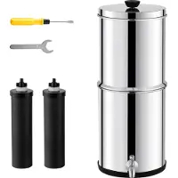 SucceBuy 1.5G Schwerkraft-Wasserfiltersystem, 304 Edelstahl, Auftischfiltration, reduziert Blei und Chlor, 2 Kohlefilter und Zapfhahn