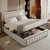 Moonbite Bett (160 x 200 cm), Stauraumbett, Bettgestell mit Kopfteil, Samt, Beige
