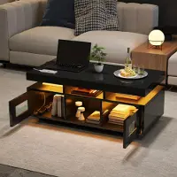 Novavision 100×50×43cm Schwarz Couchtisch, mit per mobiler App steuerbaren LED-Leuchten, Wohnzimmertisch mit Schrank, Sofatisch mit Ladeanschluss und steckdose