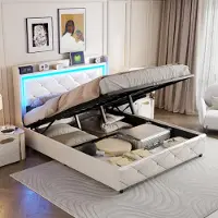 Moonbite 140 x 200 cm großes Bett mit Stauraum, gepolstertes Bett mit USB-Ladeanschlüssen und LED-Beleuchtung, Doppelbett mit Stauraum und Lattenrost, PolyurethanBezug, Beige