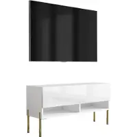 3Xeliving TV-Lowboard 100 cm Mattweiß / Hochglanzweiß, gerade goldene Beine