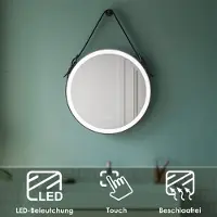 Sonni Rund Badspiegel Gurtaufhängung Ø 60 cm Berührungsschalter mit Kaltes weißes LED Beleuchtung und Beschlagfrei-Funktion Licht Runder Spiegel