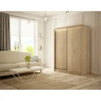 MargaretHadas24 Kleiderschrank Saturn 200 cm inklusive 2 Schiebetüren Kleiderstange Garderobe Schrank Lieferung bis in die Wohnung (Farbe: Eiche sonoma)