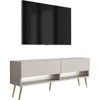 3Xeliving TV-Lowboard 140 cm Kaschmir, goldene schräge Beine, weiße LED, 140 × 32 × 52 cm