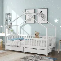 UnboxG Kinder-Hochbett 200x90cm weiß: Massivholz, 2 Schubladen + Lattenrost, Schutzgitter + Absturzsicherung, für Kinder/Jugendliche