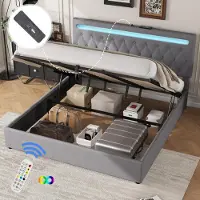 UnboxG Gepolstertes hydraulisches Flachbett 180 x 200 cm, grau: Hubmechanismus, Ambientebeleuchtung mit wechselnder Farbe, Fernbedienung, USB-Anschluss