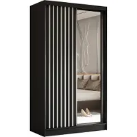 Masseno Schiebetürenschrank LAMELLO 120 cm Kleiderschrank mit 2 Schubladen Schlafzimmer Schrank 2-türig mit Spiegel und Lamellen Schwarz