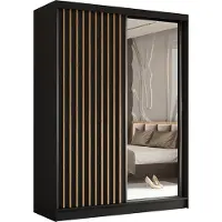 MargaretHadas24 160 cm Kleiderschrank Erika mit Lamellen und Spiegel inklusive 2 Schiebetüren Schwebetürenschrank Kleiderstange Garderobe Lieferung bis in die Wohnung (Farbe: schwarz, schwarz, Lamelle Artisan)