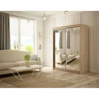 MargaretHadas24 Kleiderschrank Elsa 200 cm inklusive 2 Schiebetüren mit Spiegel Kleiderstange Garderobe Schrank Lieferung bis in die Wohnung (Farbe: Eiche sonoma)