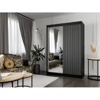 MargaretHadas24 Kleiderschrank Lili mit Lamellen 200 cm inklusive 2 Schiebetüren Schwebetürenschrank Kleiderstange Garderobe Schrank Lieferung bis in die Wohnung (Farbe: schwarz, weiß, Lamelle schwarz, Spiegel)