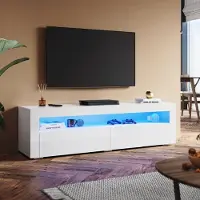 Sonni Lowboard TV-Schränke Weiß Hochglanz mit LED Beleuchtung, 12-LED-Farben, mit 2 Klapptür, Griffloses Design 160 x 40 x 45cm