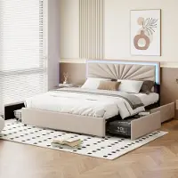 Moonbite Polsterbett Doppelbett 160x200 cm mit 4 Schubladen, LED-Beleuchtung, Lattenrost, Leinen, Beige, modernes Design, ideal für Schlafzimmer, funktional und bequem