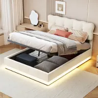 Moonbite 140 x 200 cm großes Samtbett mit Stauraum, Kopfteil, Lattenrost, viel Stauraum, integrierten LEDs, modernem hydraulischem Rahmen, beigefarbenes Doppelbett