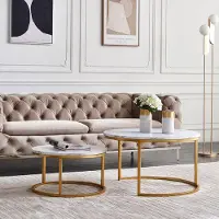 CDGlobal Couchtisch-Set, Moderne Beistelltisch Satztisch, 2 teilig Wohnzimmertisch, Sofatische Kaffeetische Set, Hochglanz Marmoriert, Golden Metallgestell, für Empfangszimmer, Balkon, Büro