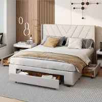 Moonbite Bett mit Stauraum 160x200 cm – dritter Fensterladen, leinenkapitonierter Korpus mit LED, 3 Jalousiekammern und Polsterlehne, Lattenrost, Leinen, Beige