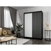 MargaretHadas24 Kleiderschrank Lili mit Lamellen 120 cm inklusive 2 Schiebetüren Schwebetürenschrank Kleiderstange Garderobe Schrank Lieferung bis in die Wohnung Farbe: schwarz, weiß, Lamelle schwarz