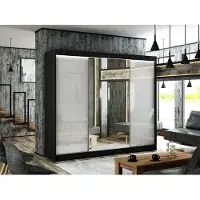 MargaretHadas24 Kleiderschrank Venus 250 cm inklusive 3 Schiebetüren mit Spiegel Lieferung bis in die Wohnung Kleiderstange Garderobe Schrank (Farbe: schwarz, lacobel weiß)