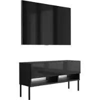 3Xeliving TV-Lowboard 100 cm Mattschwarz / Hochglanzschwarz, gerade schwarze Beine