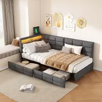 Moonbite Kinderbett 90x200cm mit Aufbewahrungsschubladen, LED-Beleuchtung und USB-Anschluss, Leinen, Grau