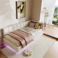 Moonbite Kinderbett mit Stauraum (90 x 200 cm) mit hydraulischem Stauraum, LED-Beleuchtung und USB-Anschluss, Lattenrost, Beige