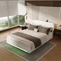 Moonbite Bett mit Stauraum 140x200 cm – LED an Kopf- und Fußteil, USB, Hydraulik, Stoff, Beige