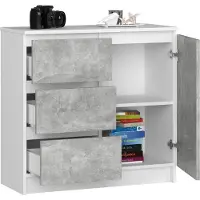 BDW , Kommode, 3 Schubladen, 1 Tür, Schrank, Sideboard, Weiss / Beton