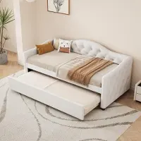 Flieks Schlafsofa Polsterbett 90x200cm mit Unterbett, Jugendbett Einzelbett Tagesbett mit Lattenrost, Klassisches Bett Sofa, Leinen, Beige