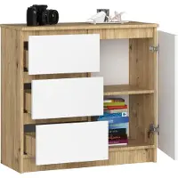 BDW , Kommode, 3 Schubladen, 1 Tür, Schrank, Sideboard, Eiche Artisan / Weiss