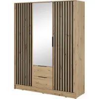 Bettso Eleganter Dreitüriger Kleiderschrank mit 2 Schubladen für Schlafzimmer Nelly 3D mit Spiegel und Schwarz Lamellen Fronten / Eiche Artisan