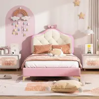 UnboxG Gepolstertes Einzelbett 90x200cm (PU, rosa Rahmen): Wellen- und Auszieh-Kopfteil, rosa Schleife, mehrfarbige LEDs, Holzlattenrost, Kinderbett