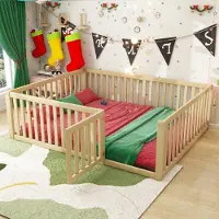 UnboxG Kinderbett 140 x 200 cm, Holzbettgestell mit Schutzgitter und Tür, Holzfarbe