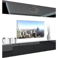 Belini Wohnwand Vollausstattung Wohnzimmer-Set Moderne Schrankwand mit LED-Beleuchtung Weiß Glänzend Anbauwand TV-Schrank Schwarz Glänzend