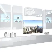 Belini Wohnwand Vollausstattung Wohnzimmer-Set Moderne Schrankwand mit LED-Beleuchtung Weiß Glänzend Anbauwand TV-Schrank Weiß Glänzend