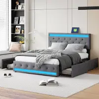 Moonbite Gepolstertes Doppelbett 140 x 190 cm mit 4 Schubladen, Lattenrost, USB- und LED-Anschluss, Grau