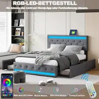 Moonbite Doppelbett mit Schubladen (180 x 200 cm), verstellbarem LED-Kopfteil, USB- und USB-C-Ladeanschluss, 4 Schubladen aus Metall, Lattenrost, Metallrahmen – Grau