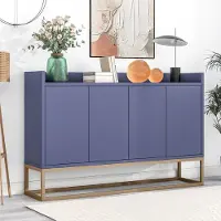 CDGlobal Kommode Sideboard mit 4 Türen und verstellbaren Ablagen, goldenen Metallrahmen und Push-to-Open Funktion, Wohnzimmerschränke Massivholz Anrichte, 120x30x80 cm,blau