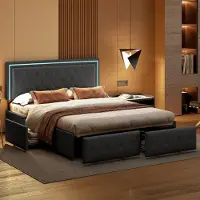 Moonbite Doppelbett für Erwachsene 140x200 cm, 4 Schubladen, gepolstert mit LED-Beleuchtung, Lattenrost, graues PU.