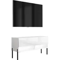 3Xeliving TV-Lowboard 100 cm Mattweiß / Hochglanzweiß, gerade schwarze Beine, weiße LED