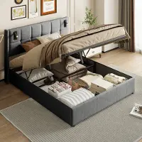 Moonbite 160 x 200 cm großes Stauraumbett, Doppelbett mit Stauraum und Lattenrost, Samtbezug, Leselampe, grau