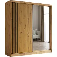 MargaretHadas24 200 cm Kleiderschrank Neli mit Lamellen und Spiegel inklusive 2 Schiebetüren Schwebetürenschrank (Farbe: Artisan, Artisan, Lamelle schwarz)