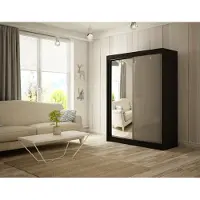 MargaretHadas24 Kleiderschrank Venus 120 cm inklusive 2 Schiebetüren mit Spiegel Lieferung bis in die Wohnung Kleiderstange Garderobe Schrank (Farbe: schwarz, lacobel grau)