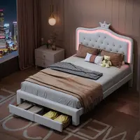CDGlobal Polsterbett 140x200cm mit Lattenrost, Jugendbett Kinderbett mit Led, Doppelbett mit Kronenformung, Holzbett Klassisches Bett, PU, Rosa