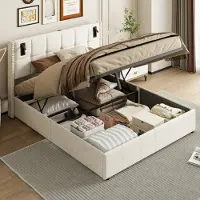 Moonbite Bett mit Stauraum, 140 x 200 cm, Doppelbett mit Stauraum und Lattenrost, Samtbezug, Leselampe, Beige